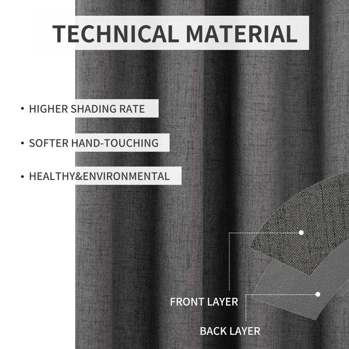 Dark grey linen blend curtains material: higher shading, softer touch, healthy & environmental. Front and back layers shown.