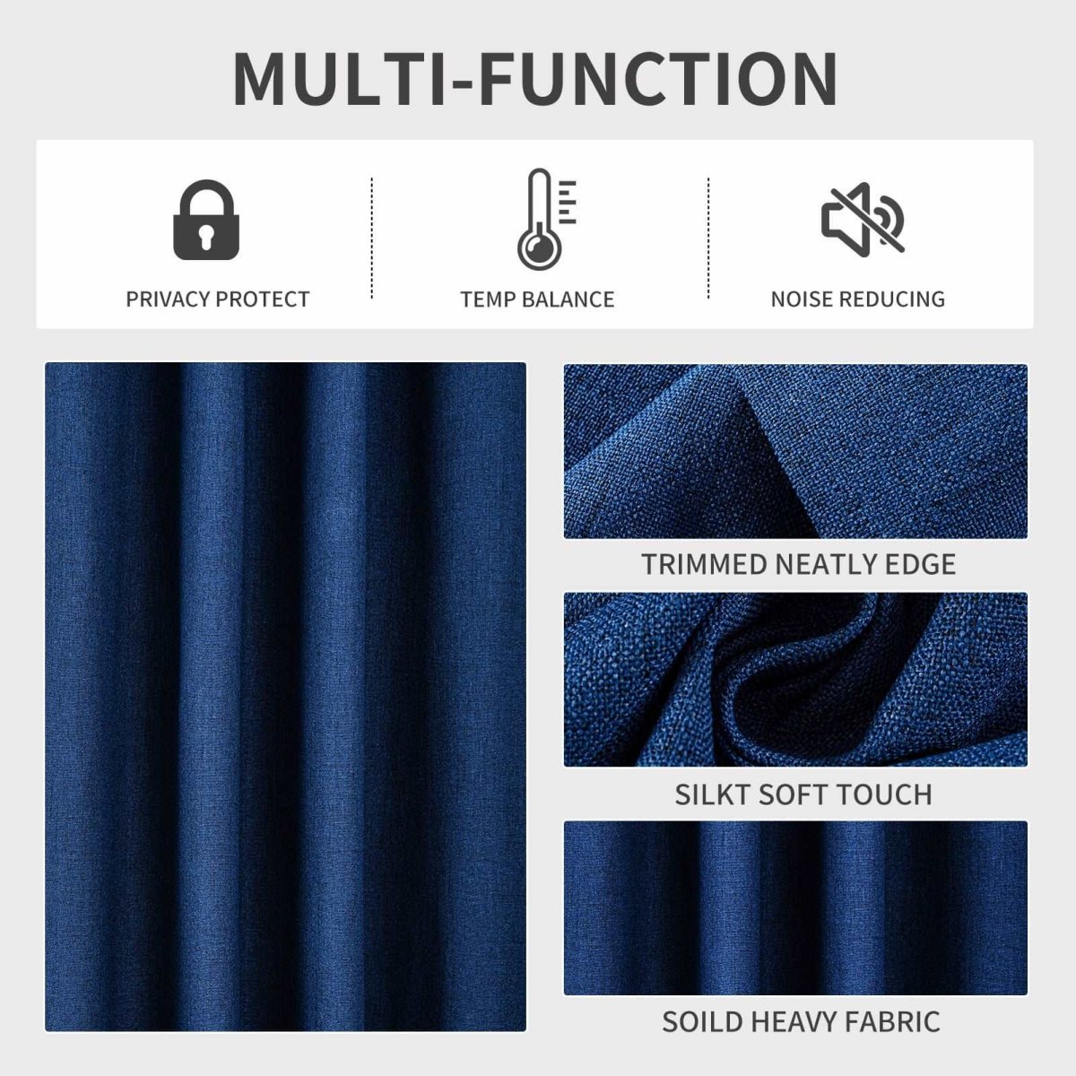 Navy blue linen blackout curtain with textured weave, showing privacy, temperature balance, and noise reduction benefits.