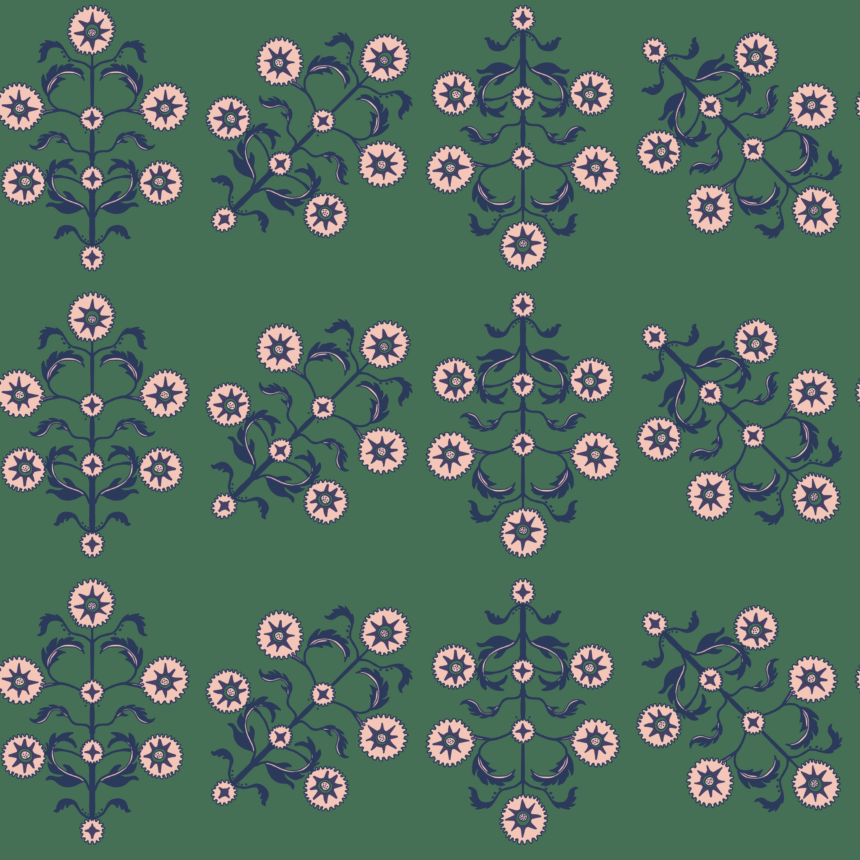 Up-close swatch of Block Print Floral WALLPAPER in green.