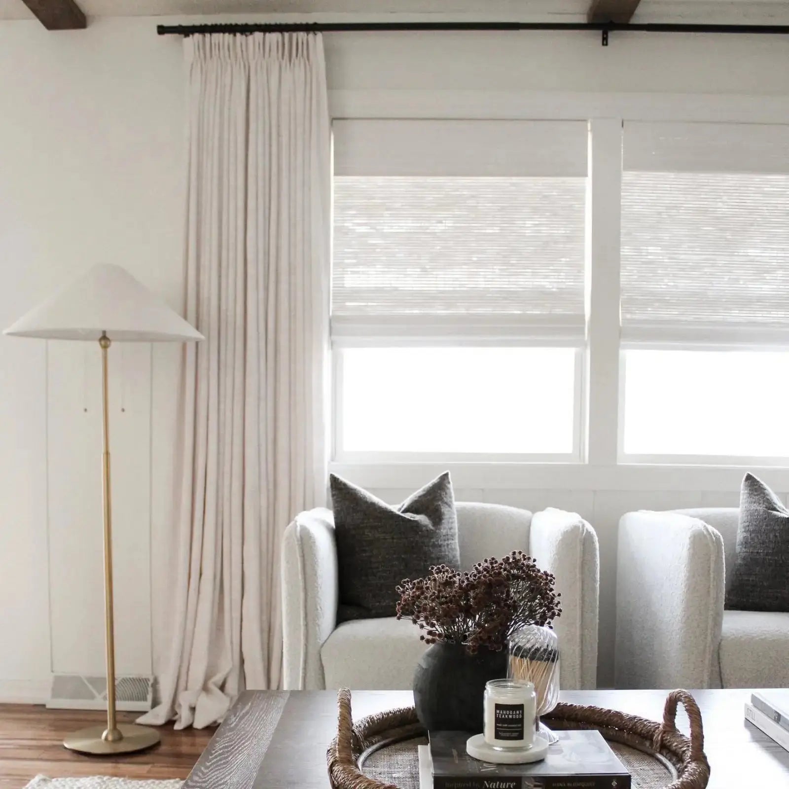 Broad 100 percent cotton plain weave pleated drapery for elegant insulated interiors