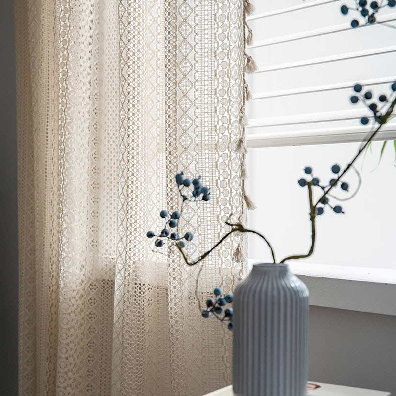 Cotton Beige Curtain Hollow-Out Tassel Drapes Curtains Ownkoti 5