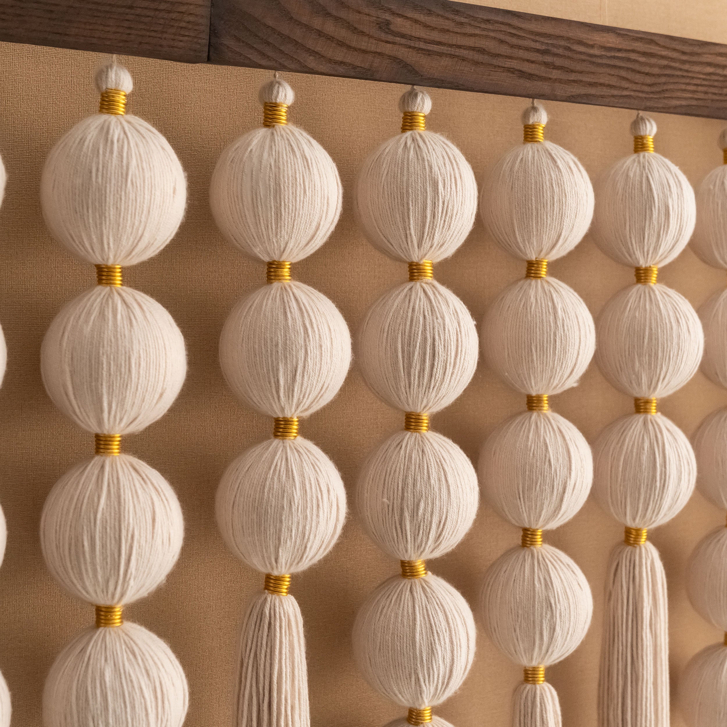 Handmade Macrame Wall Hanging with Natural Wood, Bubble Boho Fiber Wall Decor