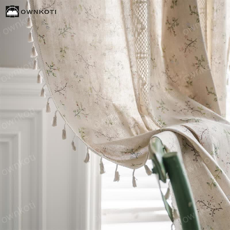 Ownkoti Floral Plaid Splicing Light Filtering Tassel Curtain - image 3