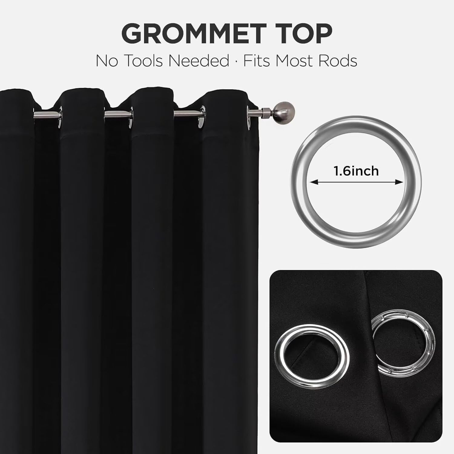 Black Joydeco blackout curtain with silver grommet detail, 1.6-inch diameter fits most rods.