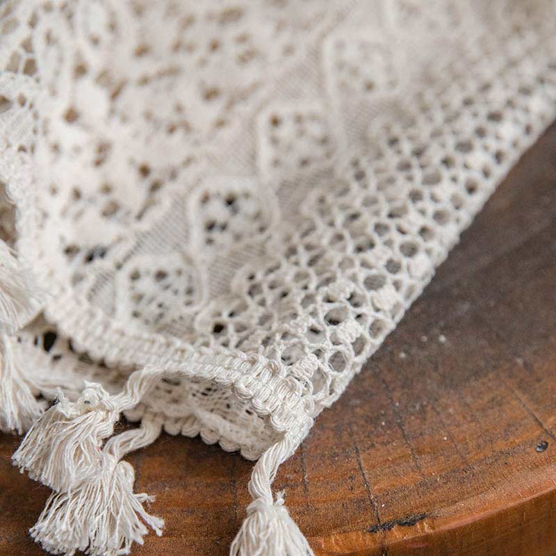 Cotton Beige Curtain Hollow-Out Tassel Drapes Curtains Ownkoti 8