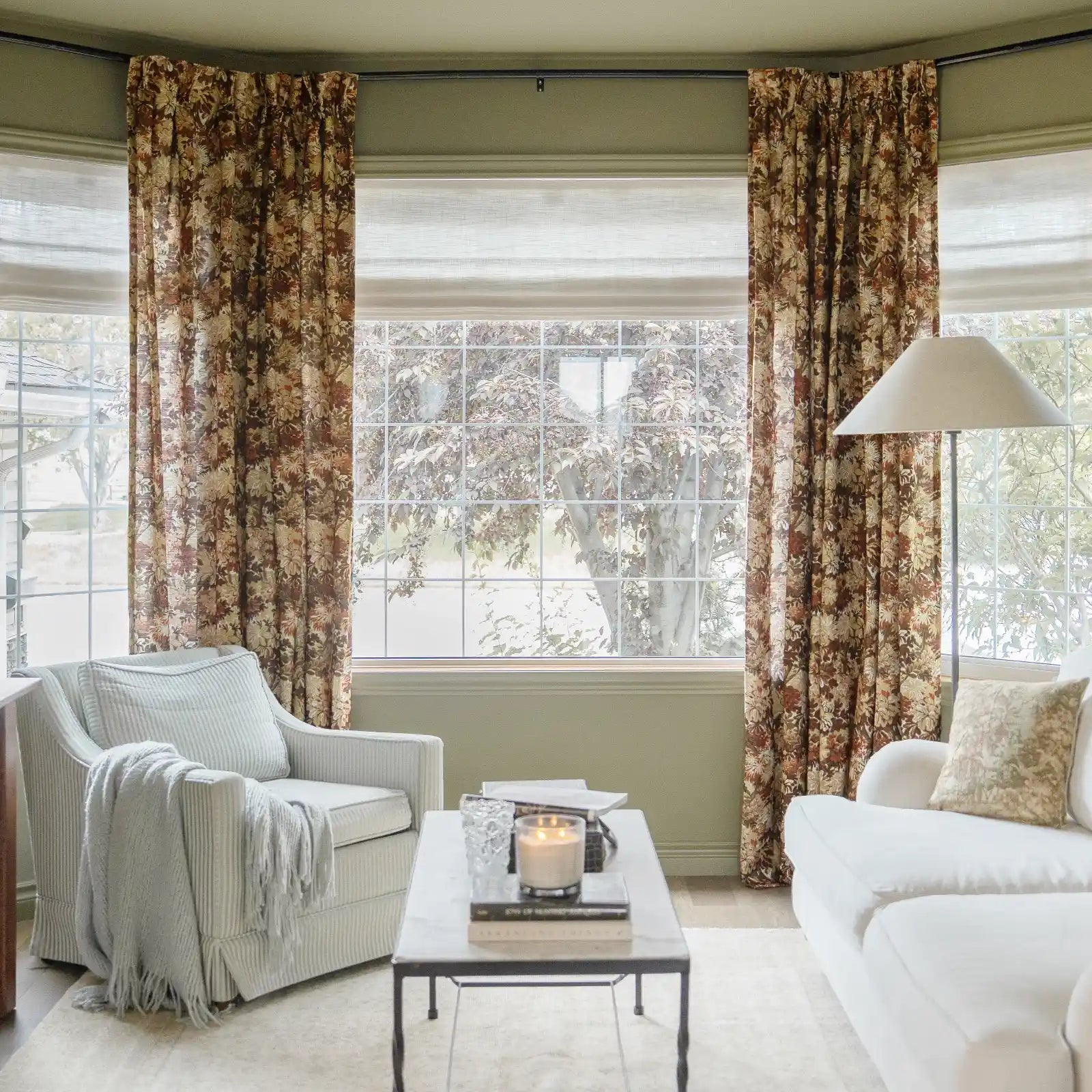 Floral print linen cotton pleated drapery for elegant insulated style