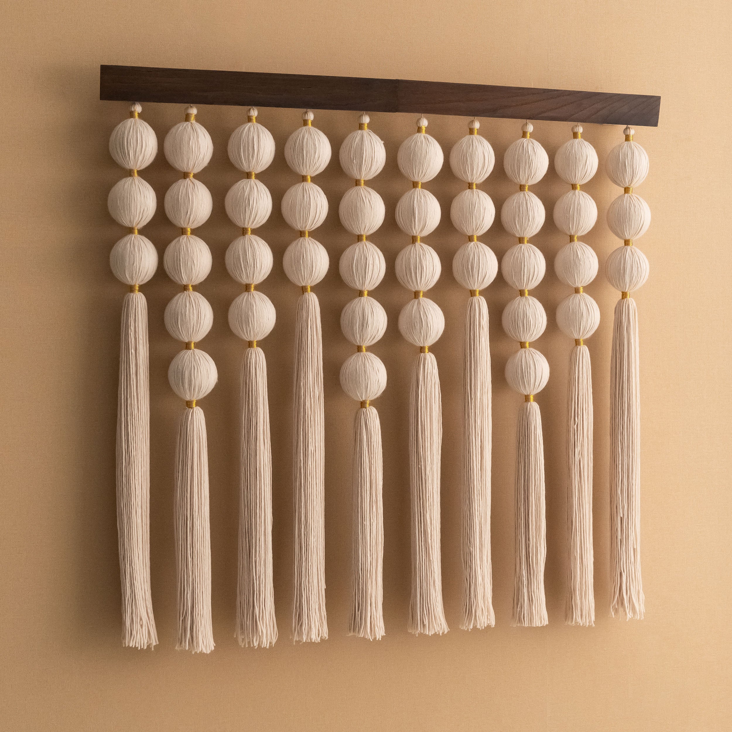 Handmade Macrame Wall Hanging with Natural Wood, Bubble Boho Fiber Wall Decor