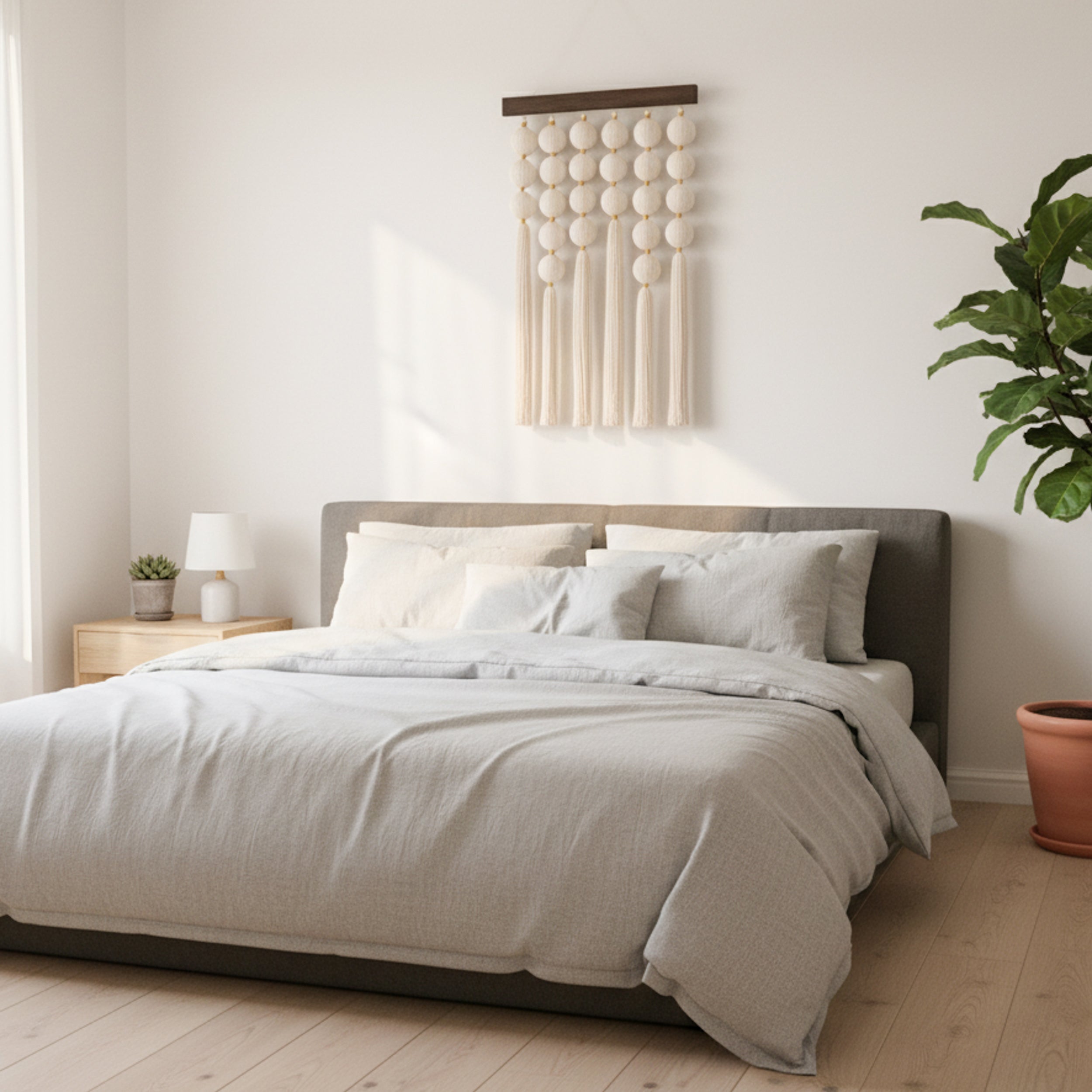 Handmade Macrame Wall Hanging with Natural Wood, Bubble Boho Fiber Wall Decor