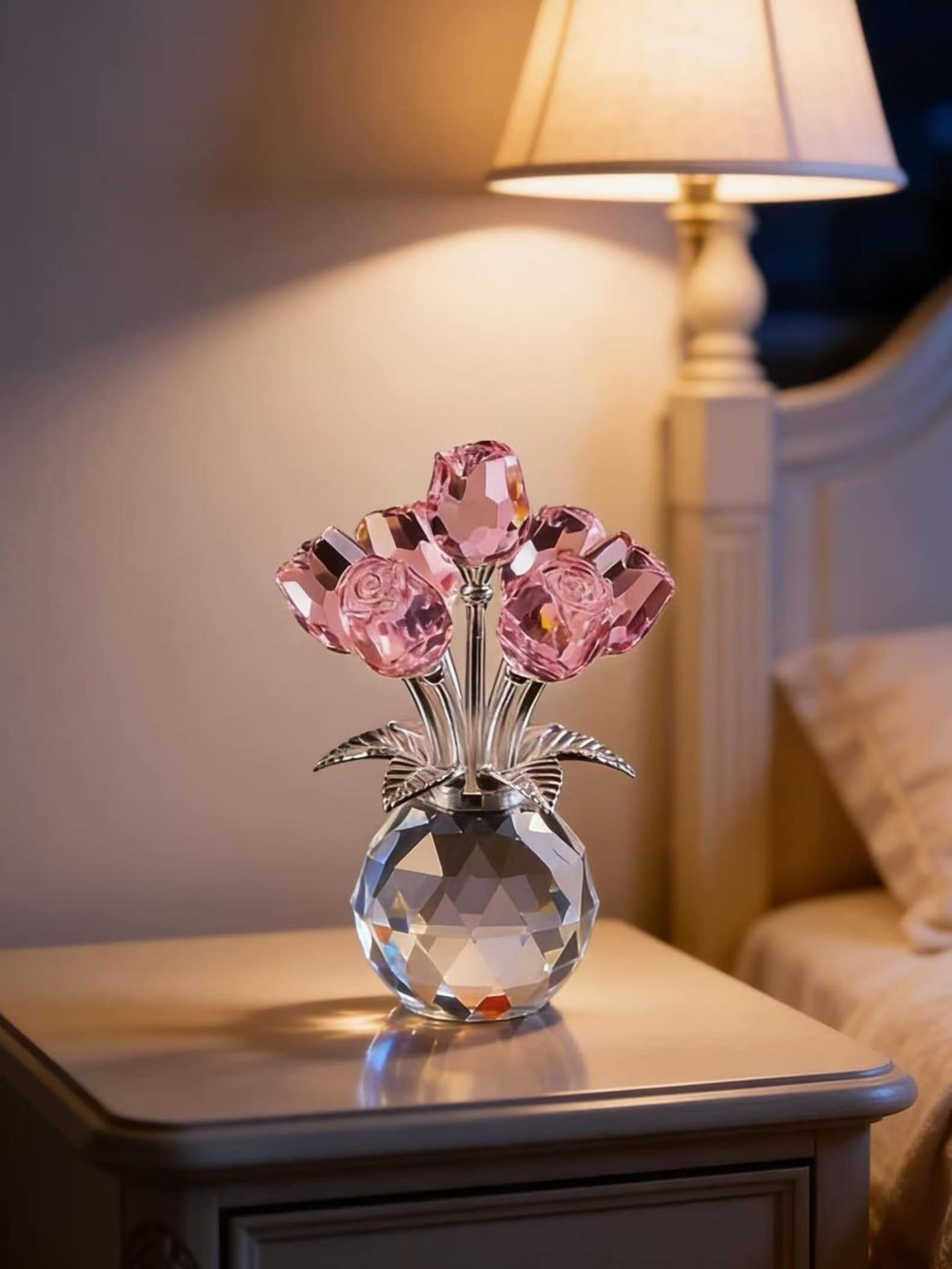 Hand Blown Glass Rose Flower Ornament, Handmade Colored Glass Art Decor