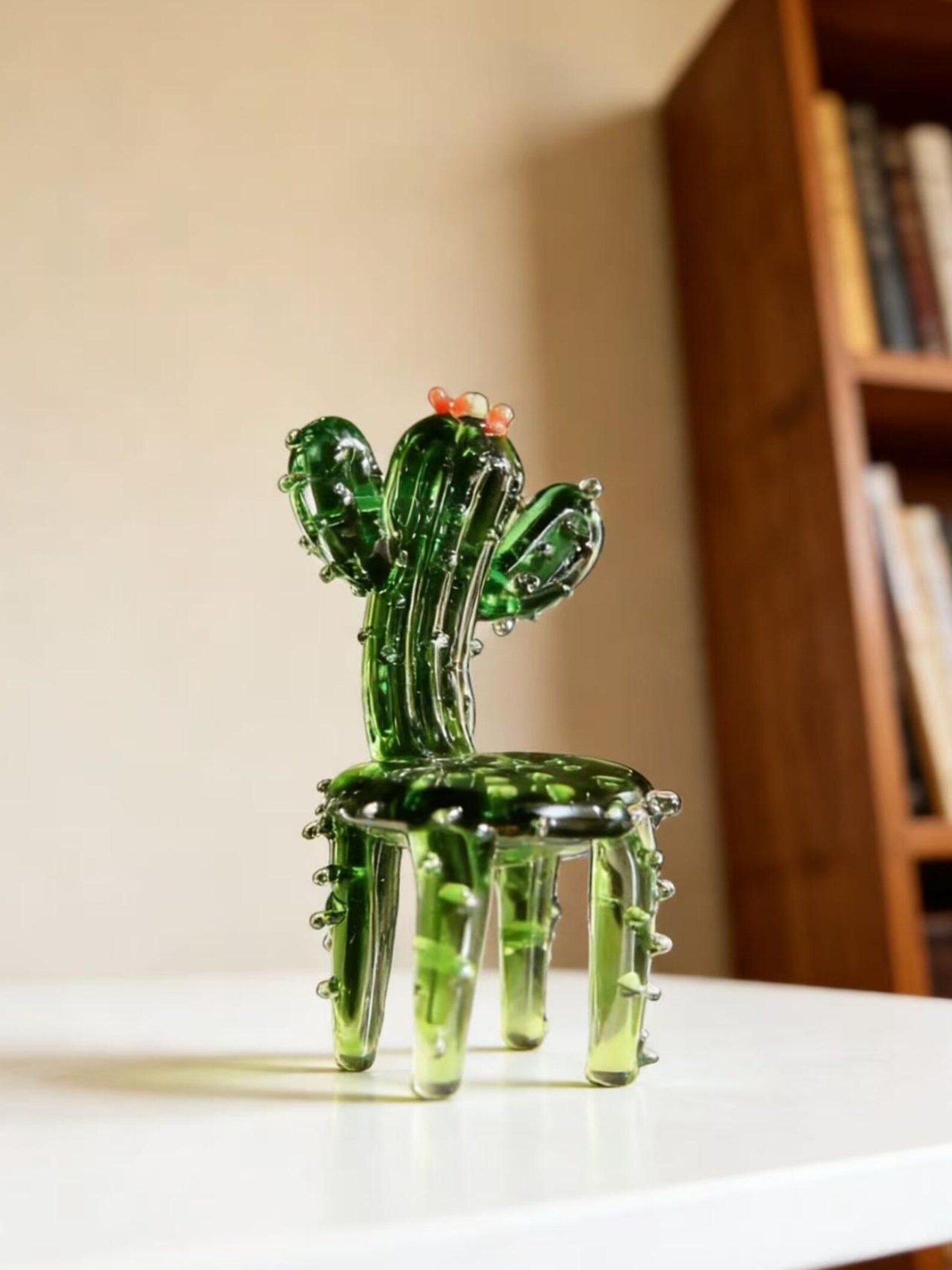 Hand Blown Glass Cactus Chair Ornament, Handmade Mini Glass Plant Figurine Desk Decor Gift for Plant Lovers