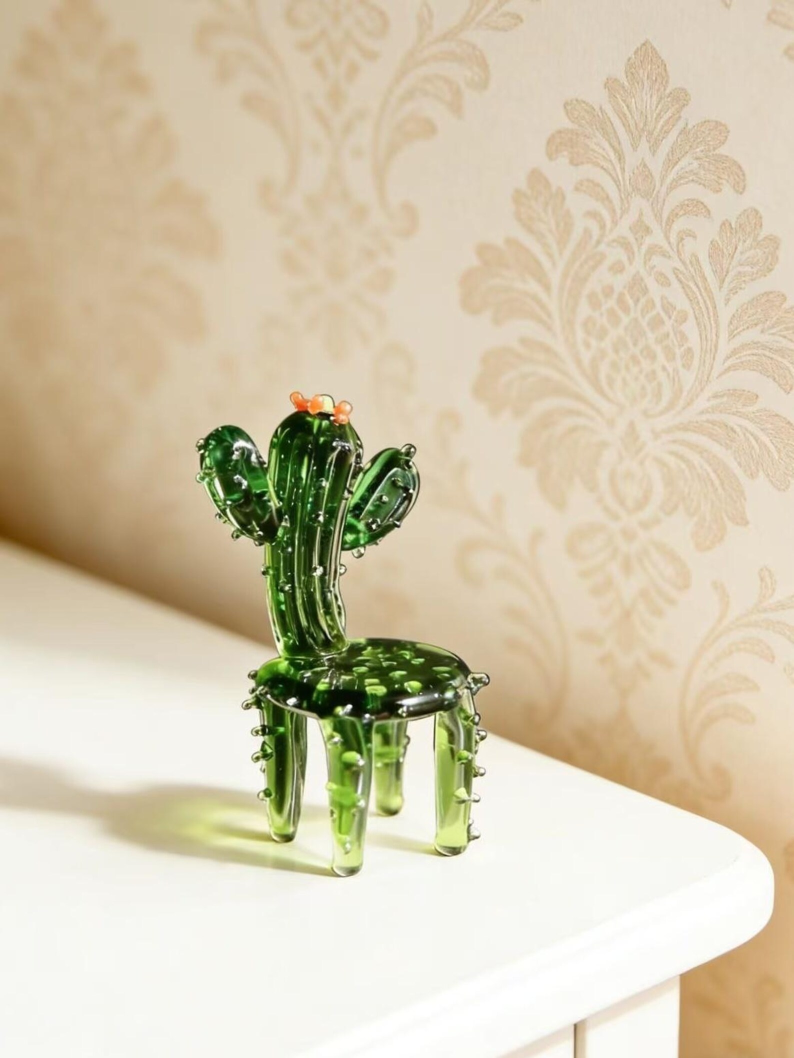 Hand Blown Glass Cactus Chair Ornament, Handmade Mini Glass Plant Figurine Desk Decor Gift for Plant Lovers