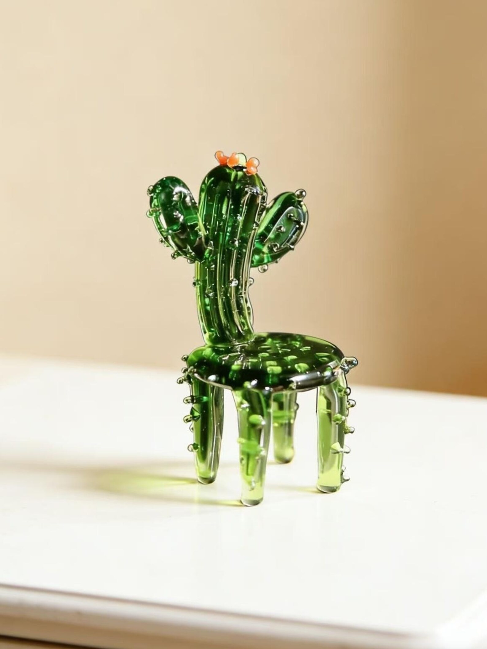 Hand Blown Glass Cactus Chair Ornament, Handmade Mini Glass Plant Figurine Desk Decor Gift for Plant Lovers