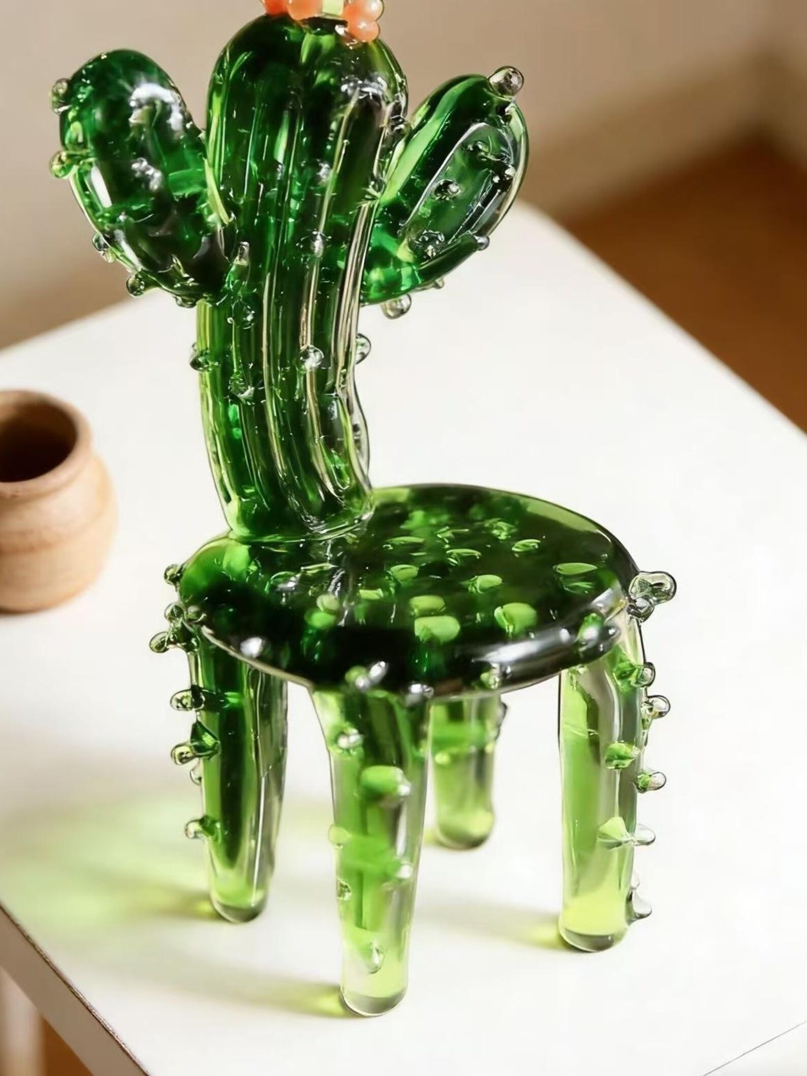 Hand Blown Glass Cactus Chair Ornament, Handmade Mini Glass Plant Figurine Desk Decor Gift for Plant Lovers