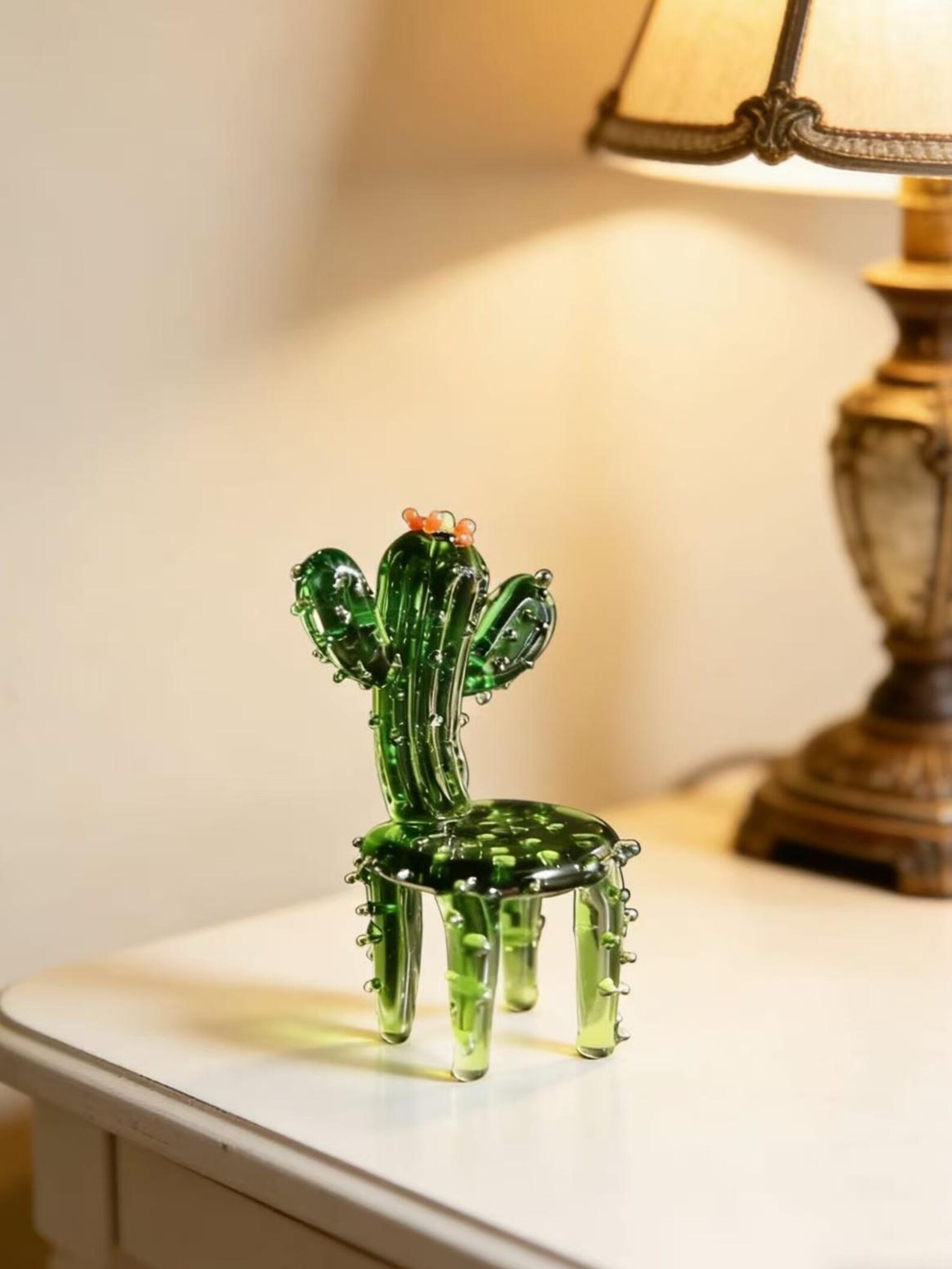 Hand Blown Glass Cactus Chair Ornament, Handmade Mini Glass Plant Figurine Desk Decor Gift for Plant Lovers