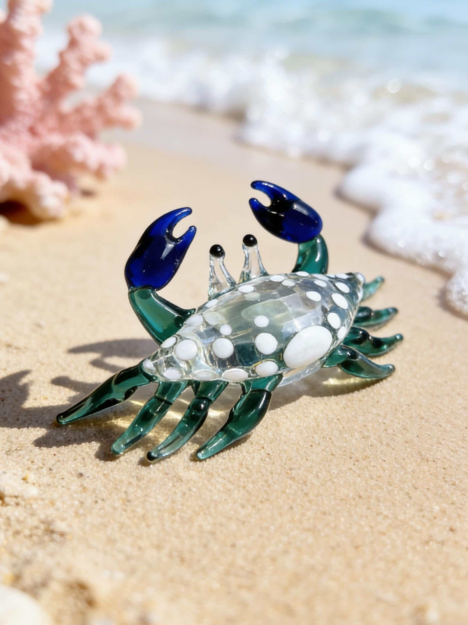 Hand Blown Mini Glass Crab Figurine, Handmade Glass Ocean Animal Ornament