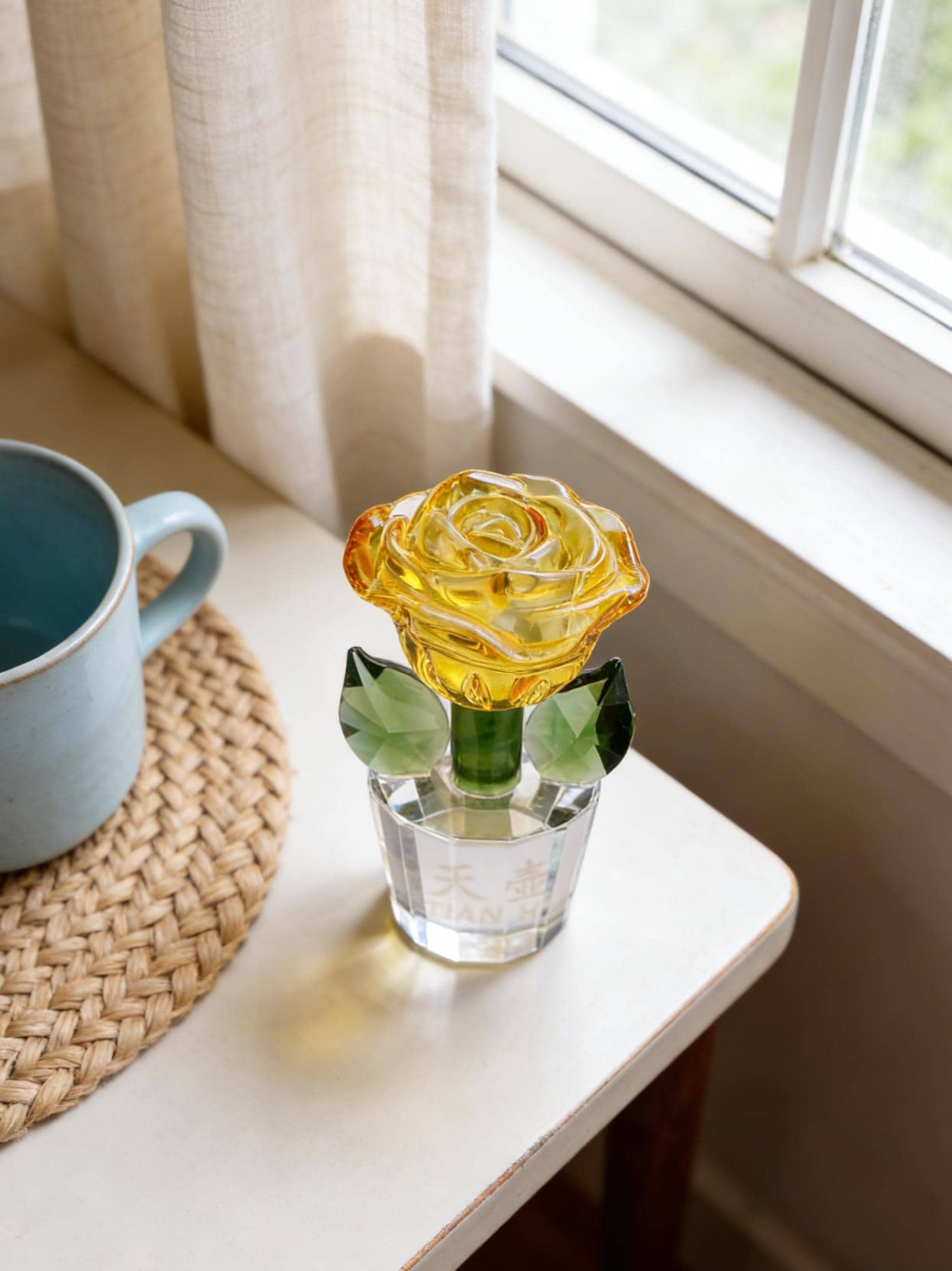 Hand Blown Glass Rose Flower Ornament, Handmade Colored Glass Rose Decor Eternal Glass Flower