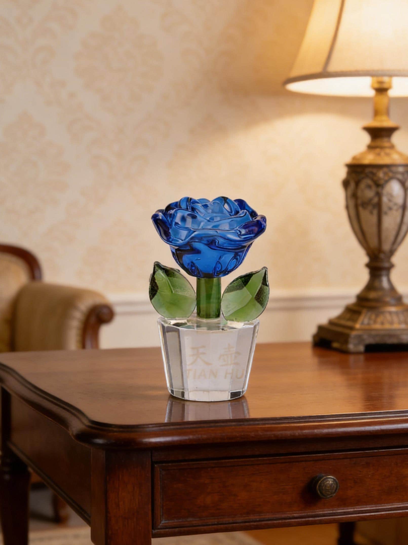 Hand Blown Glass Rose Flower Ornament, Handmade Colored Glass Rose Decor Eternal Glass Flower