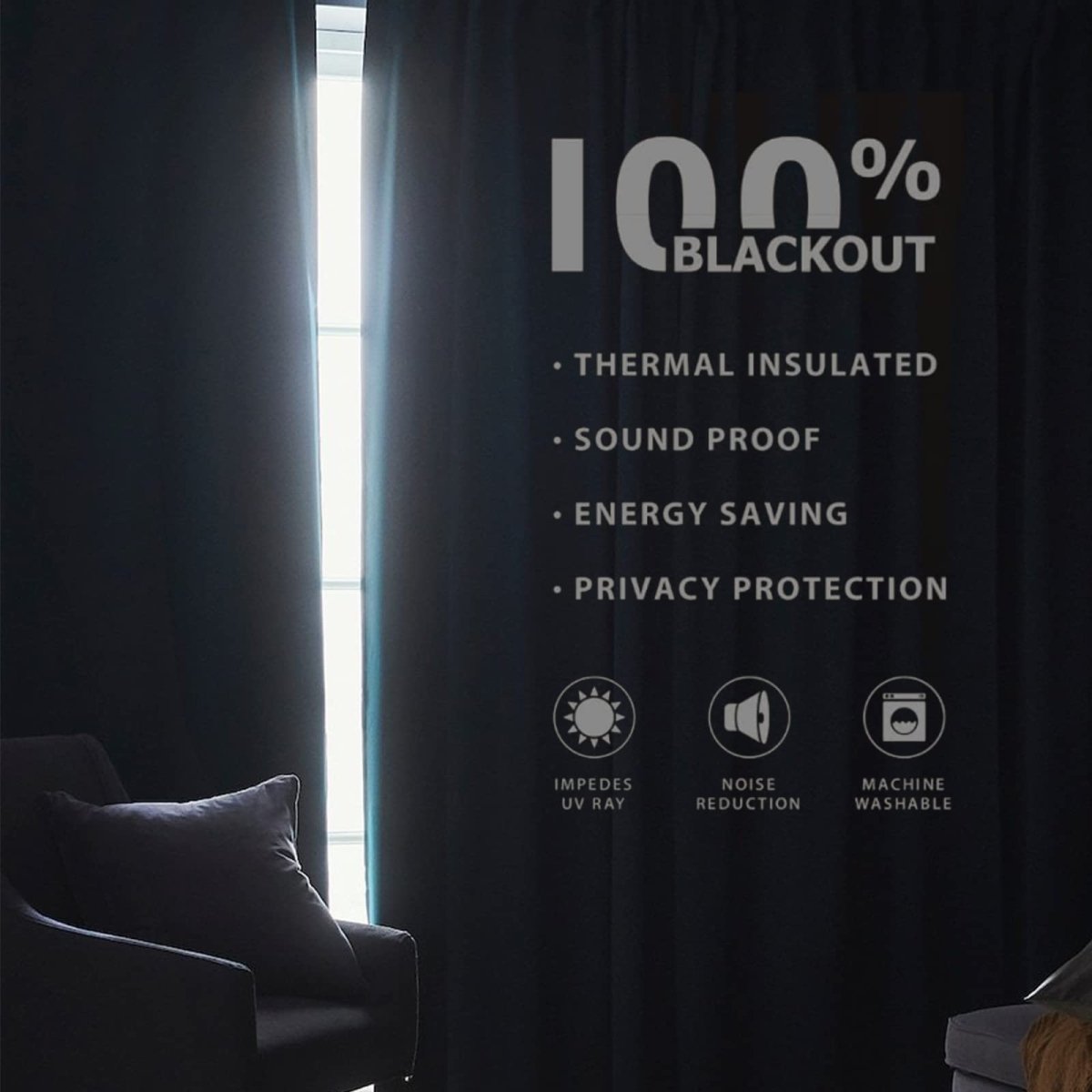Hunter green 100% blackout curtains with thermal insulation, sound proofing, energy saving, UV protection & machine washable.