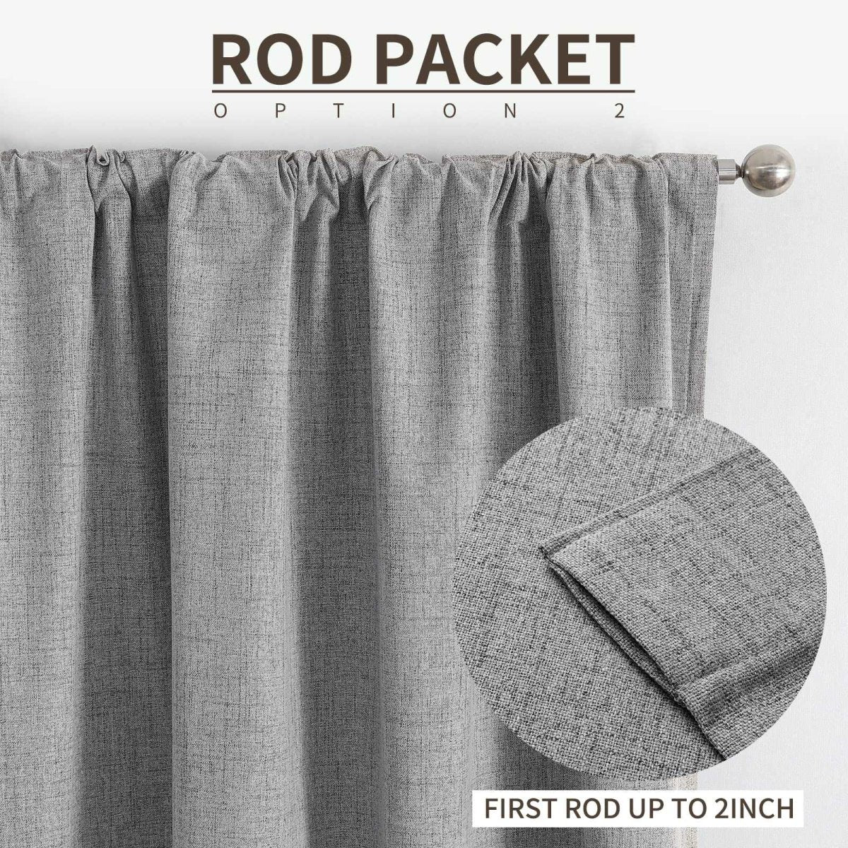Joydeco light grey faux linen curtains with rod pocket detail on silver rod, textured fabric.