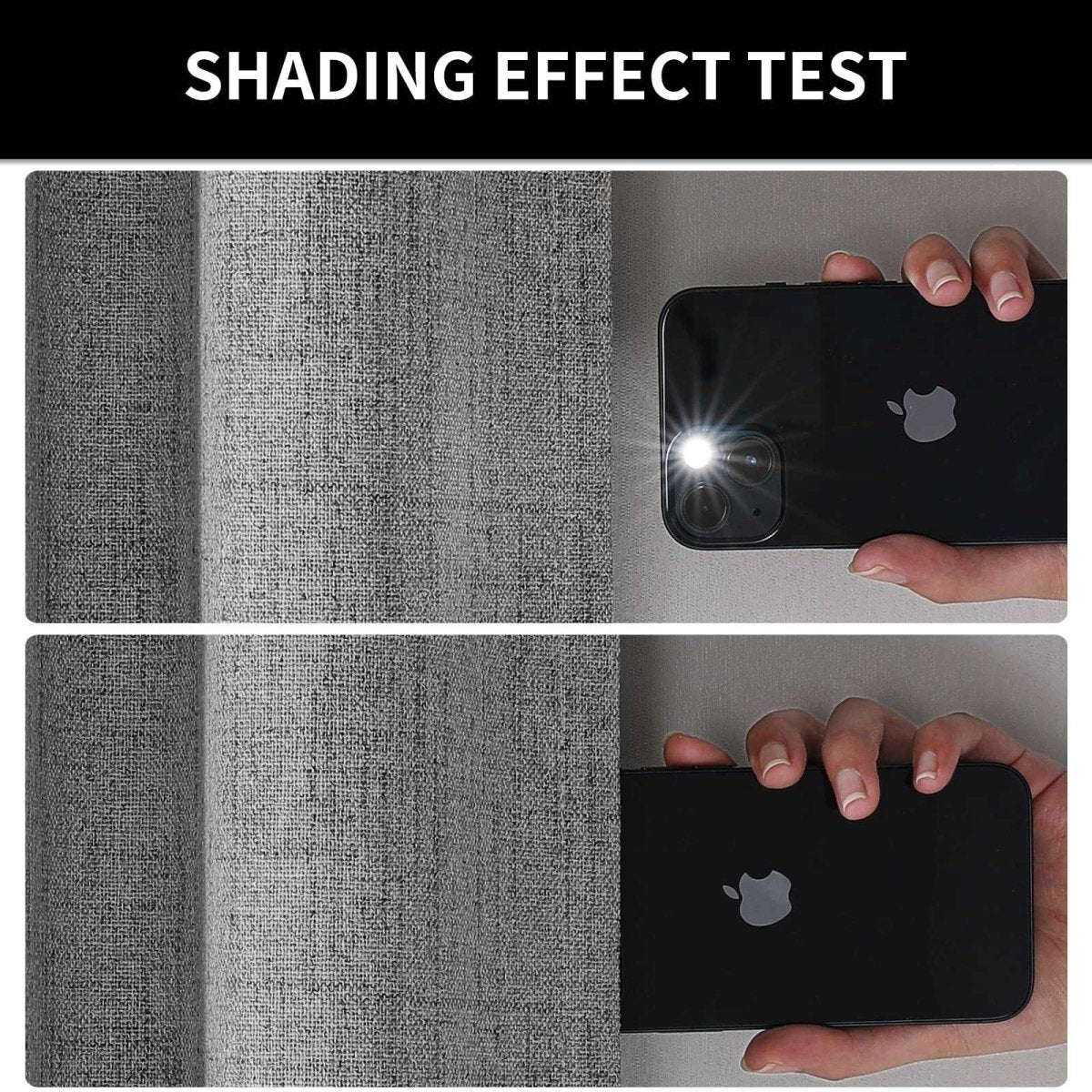 Joydeco Light Grey Linen Curtains blackout test: flashlight visible (top) vs blocked (bottom), showing 100% blackout feature.