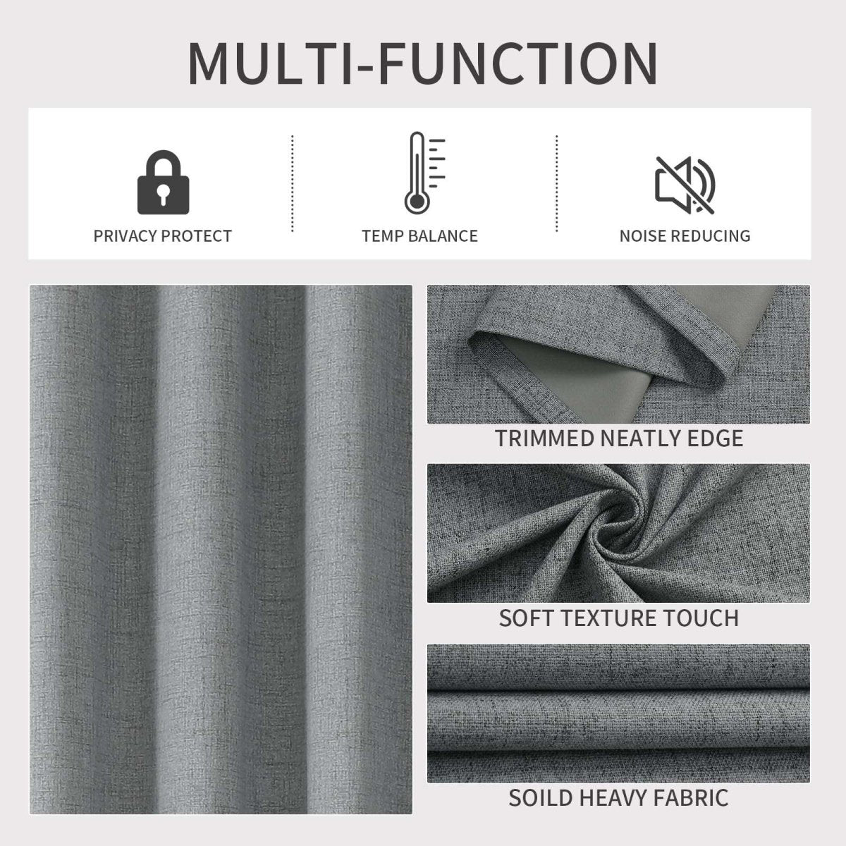 Light grey textured blackout curtains: privacy, temp balance, noise reduction, neat edge, soft, heavy fabric.