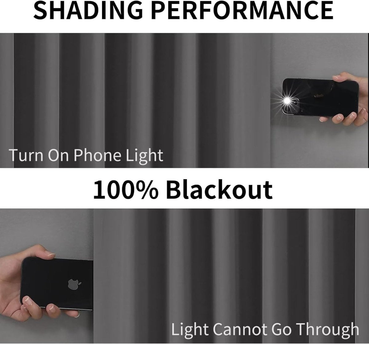 Joydeco dark gray blackout curtains demonstrate 100% light blocking with a phone flashlight test.