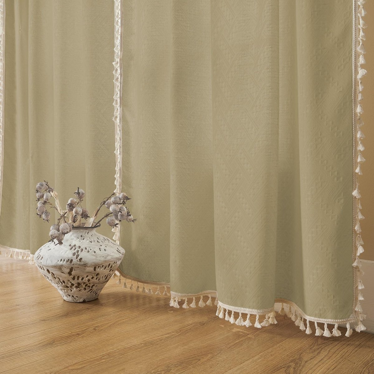 Khaki linen boho curtains with cream tassel trim on edges, subtle geometric texture, farmhouse style.