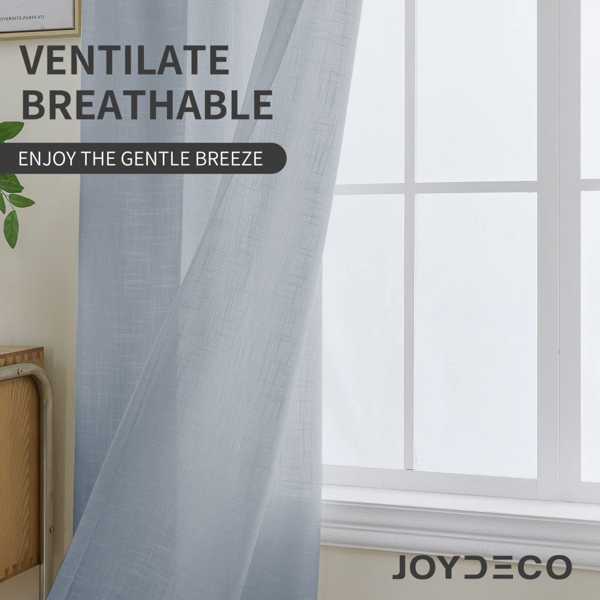 Joydeco grey faux linen sheer curtains: "Ventilate Breathable" text highlights airy, light-filtering quality.