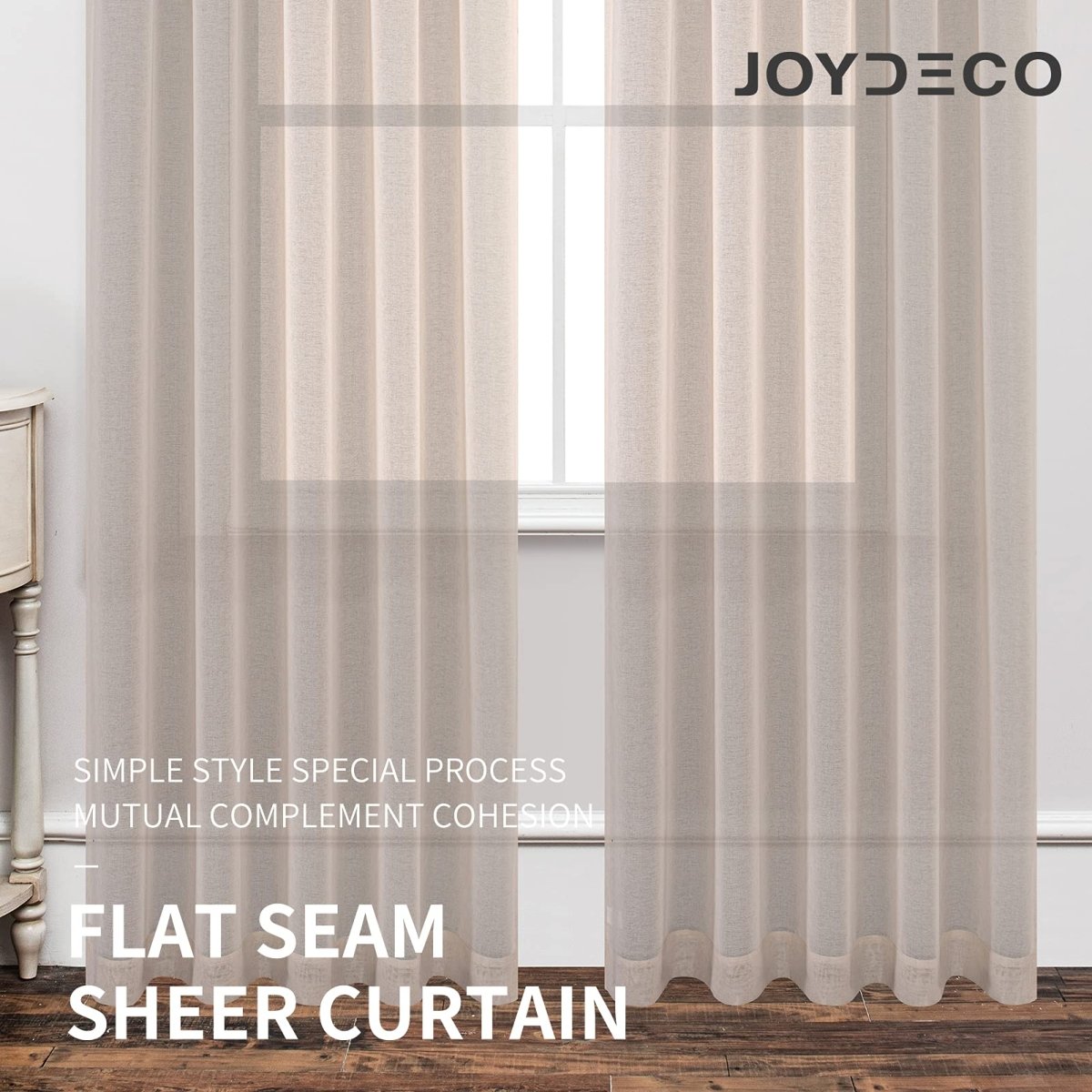 Joydeco beige linen sheer curtains with rod pocket style, filtering light for a bright living room.