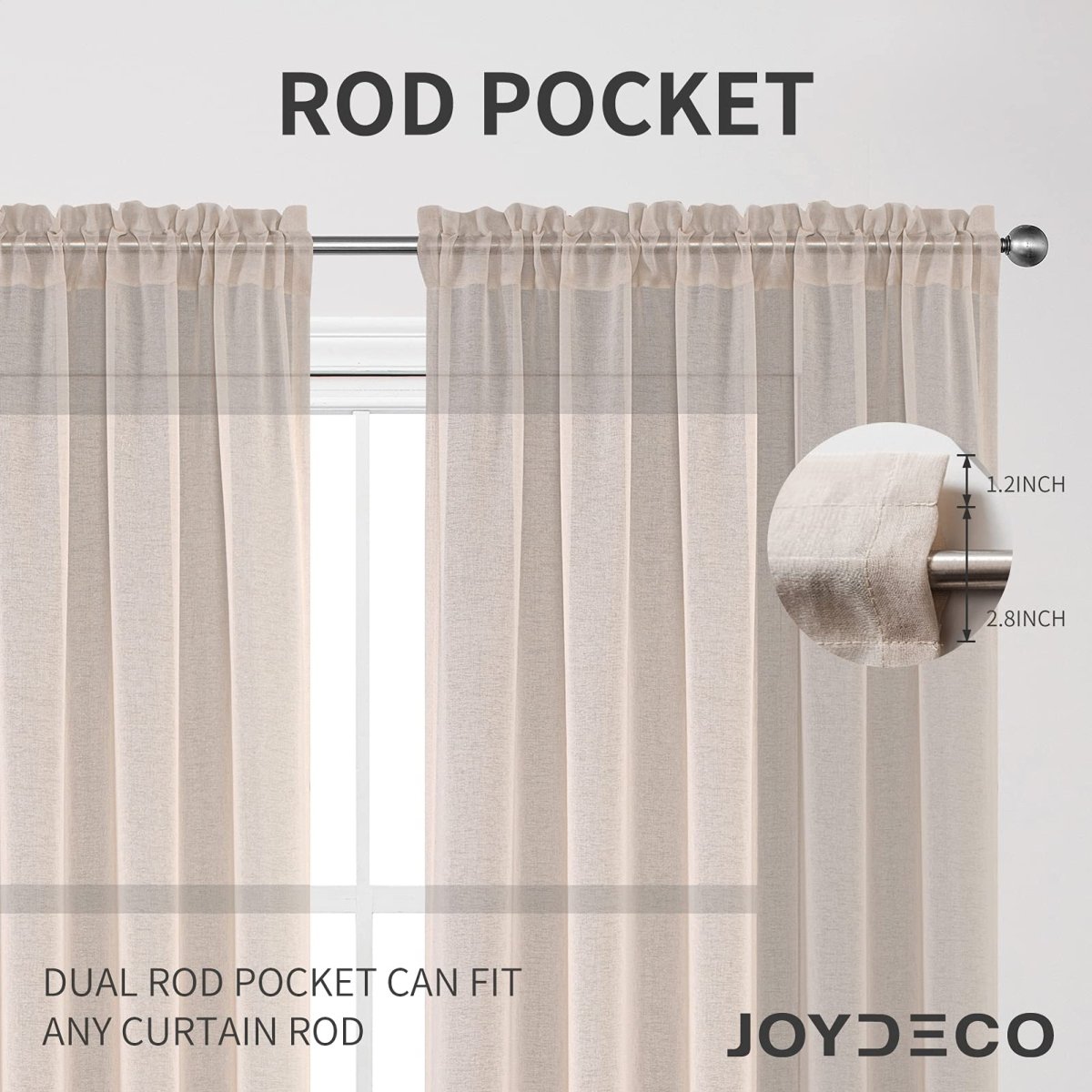 Beige Joydeco linen sheer curtains with dual rod pocket showing 1.2-inch and 2.8-inch fit options for curtain rods.