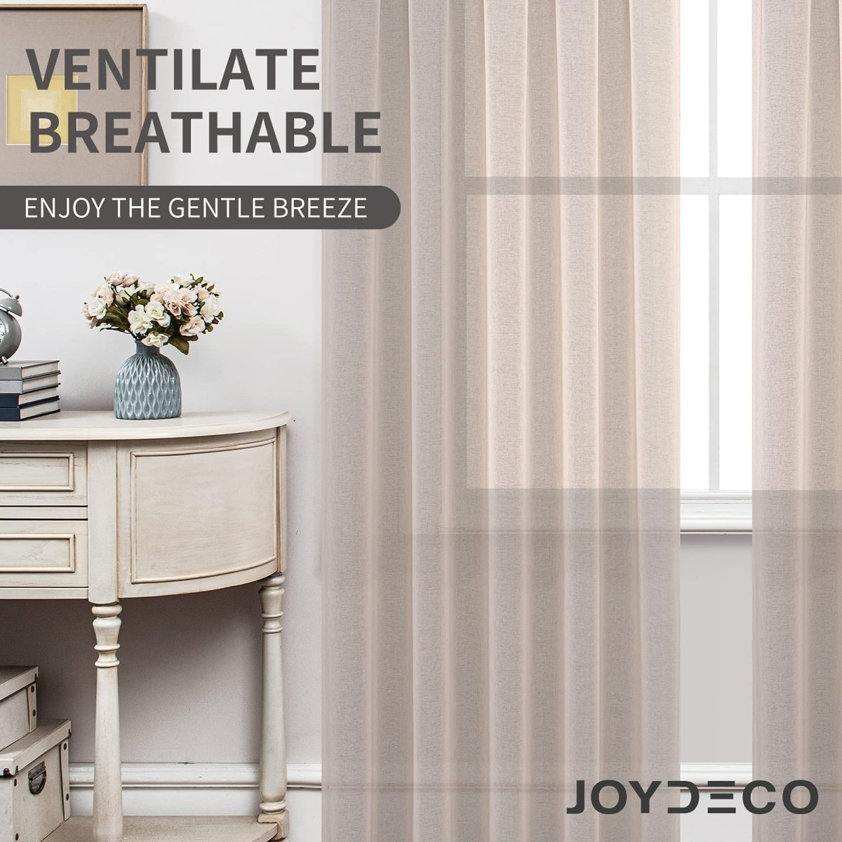 Light beige Joydeco linen sheer curtains with textured weave, allowing light and airflow for a bright living room.
