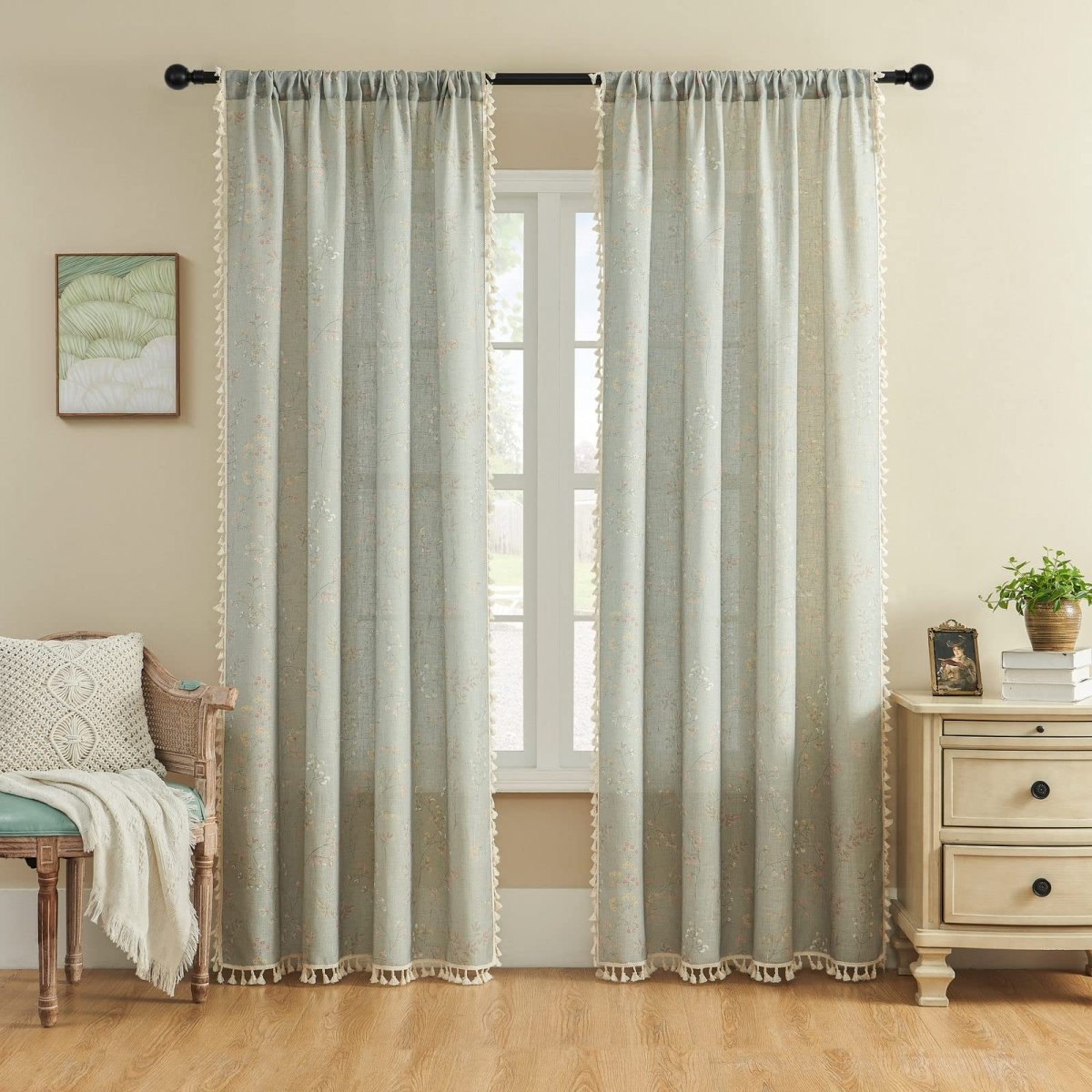 Joydeco light blue floral linen sheer curtains with tassel trim and embroidery, rod pocket design.