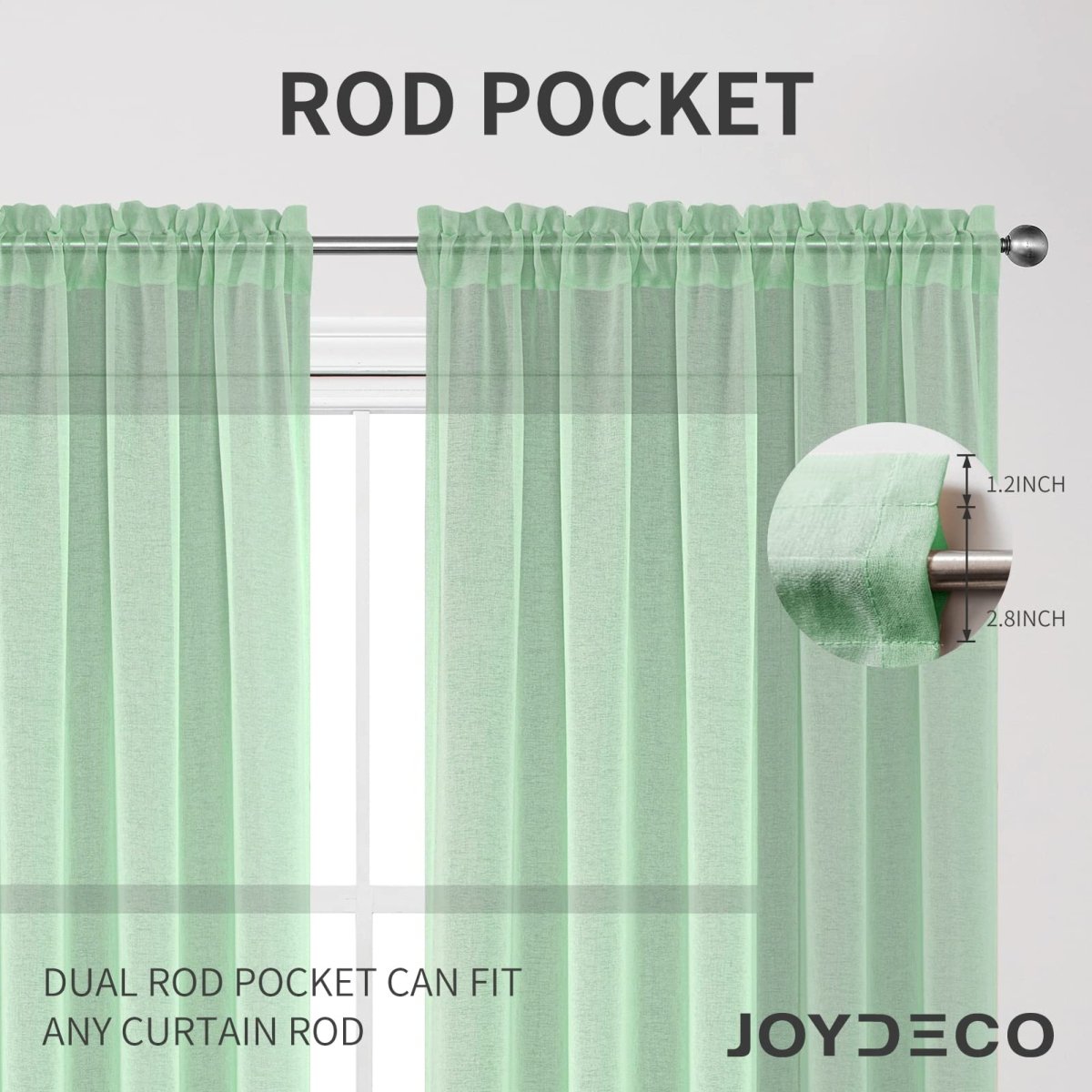 Joydeco mint green sheer curtains with dual rod pocket for 1.2" and 2.8" rods.
