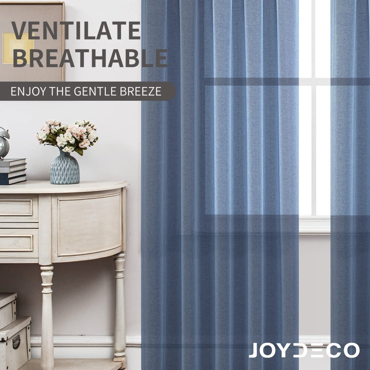 Joydeco navy blue faux linen sheer curtains with dual rod pocket, light filtering and breathable.
