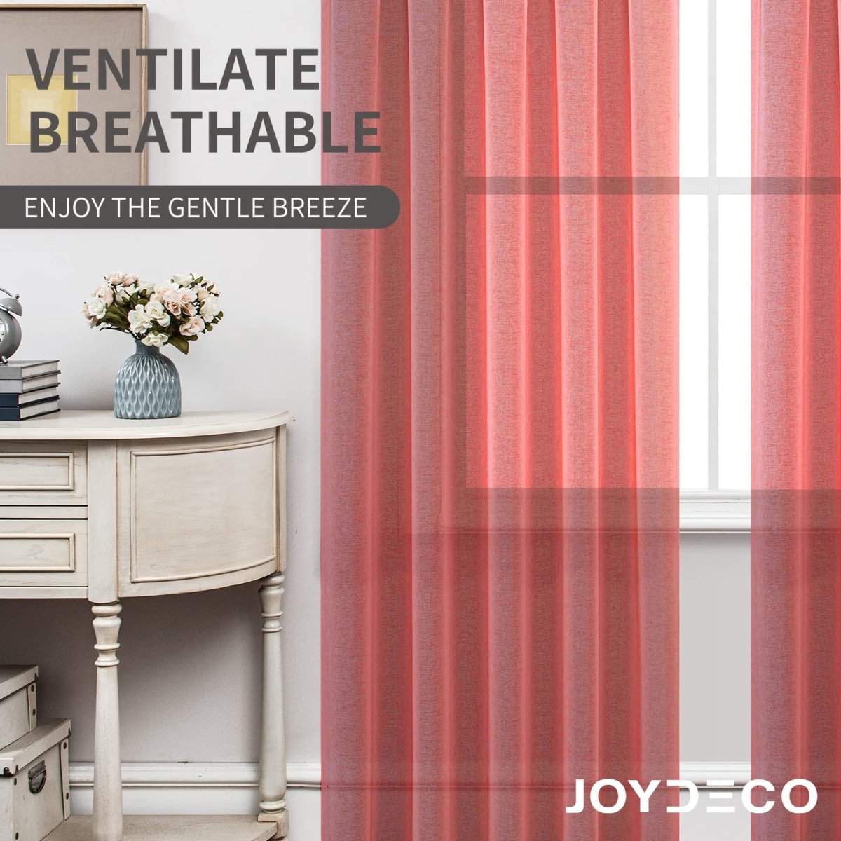 Joydeco red faux linen sheer curtains with rod pocket, displayed in a room setting, allowing light to filter through.