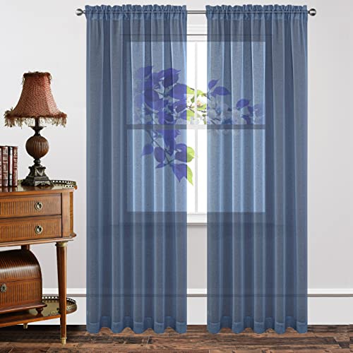 Navy blue sheer curtains with rod pockets, crosshatch texture, product page display.