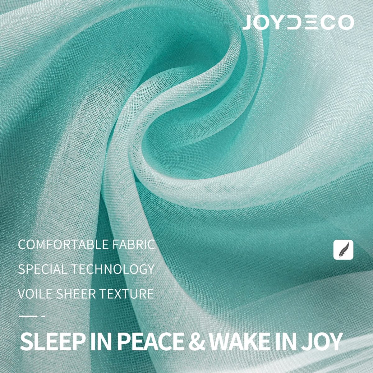 Joydeco teal blue faux linen sheer curtain fabric close-up showcasing voile texture and comfortable fabric for room decor.