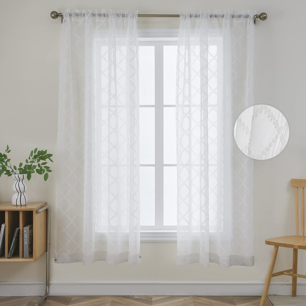 Joydeco white sheer curtains with trellis embroidery, 2 panels, faux linen fabric texture detail shown.