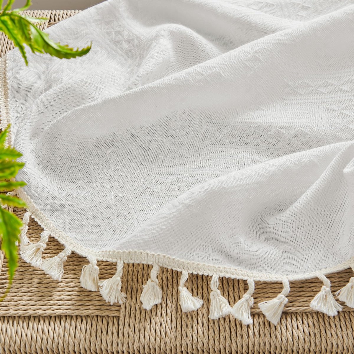 Joydeco White Boho Curtains Country Rustic Linen Sheer Curtains - 2 Panels