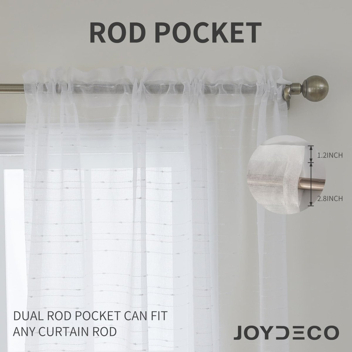 White sheer curtain panel with dual rod pocket detail, showing 2.8 inch rod diameter and 1.2 inch ruffle for versatility.