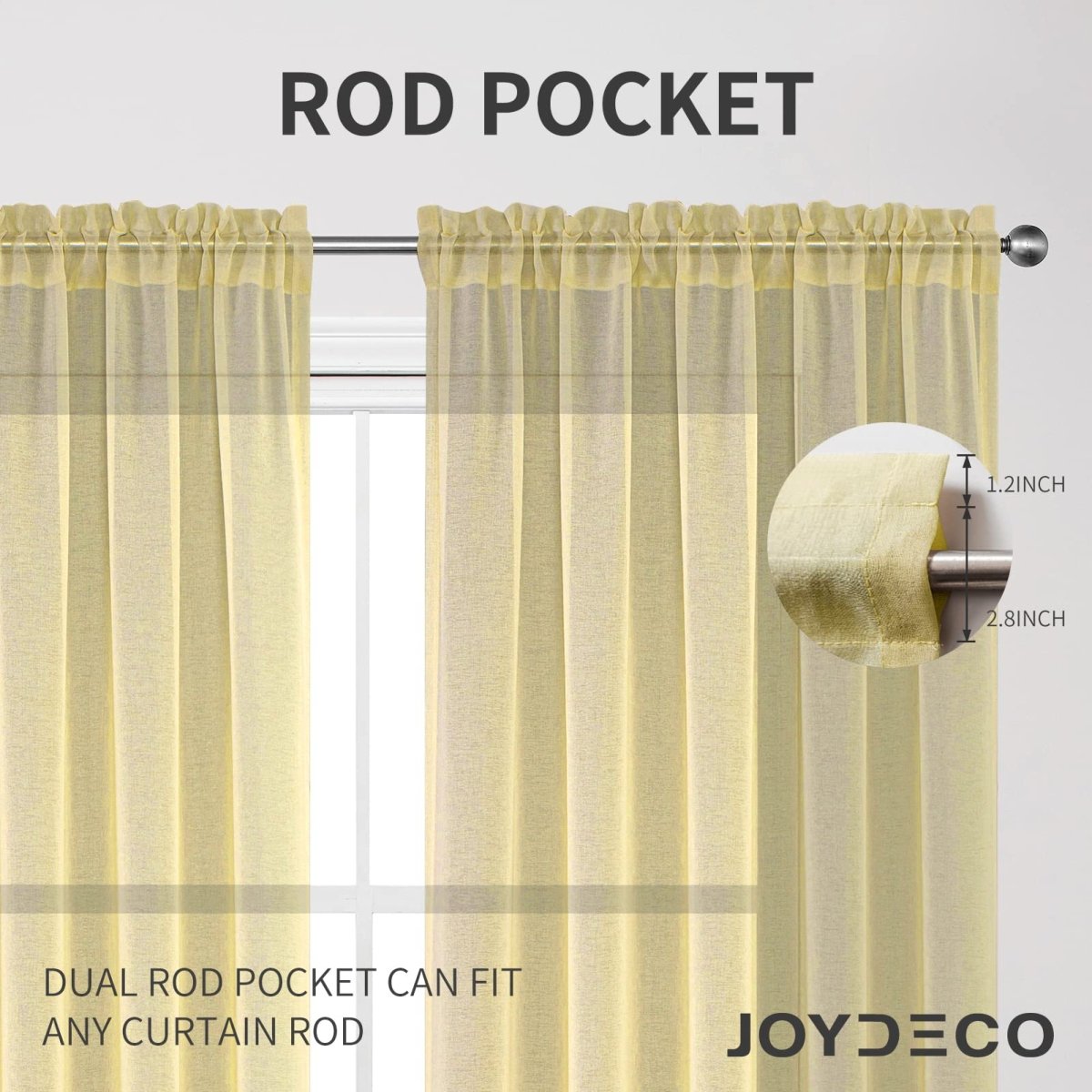 Joydeco light yellow sheer curtains showing dual rod pocket feature for 1.2" and 2.8" rods.