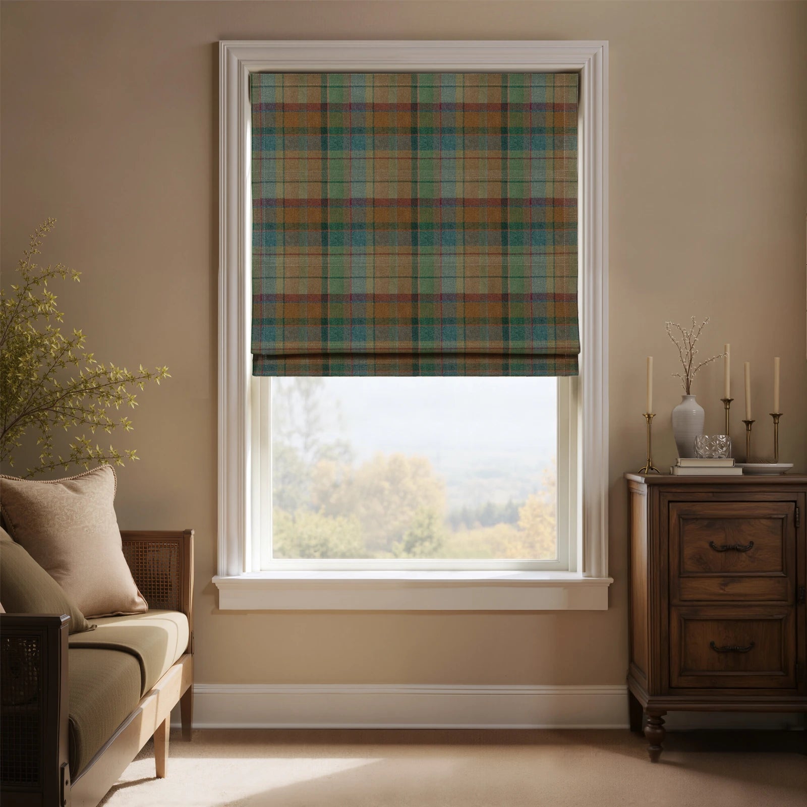 Karin Plaid Pure Wool Thermal Roman Shade Cordless