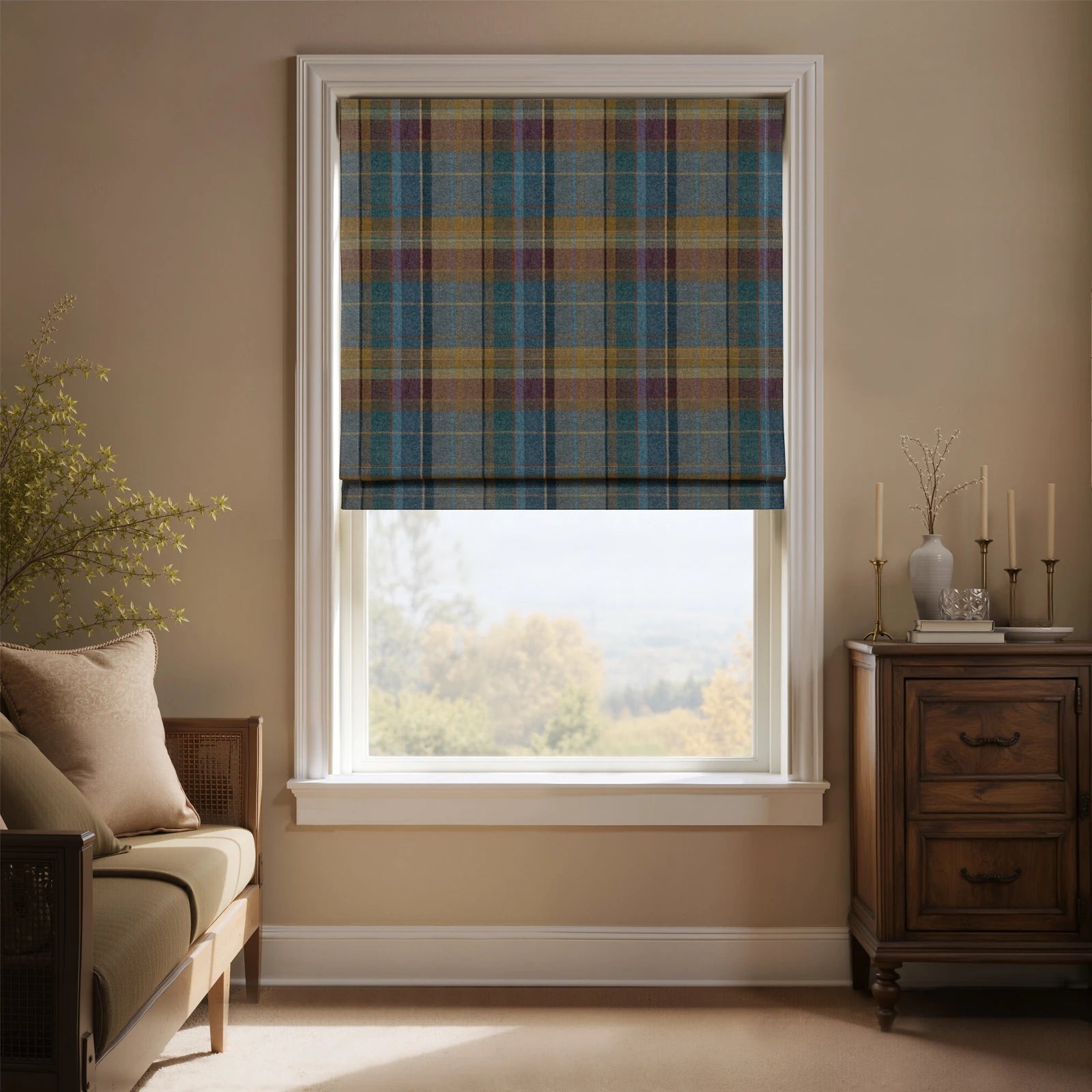 Karin Plaid Pure Wool Thermal Roman Shade Cordless