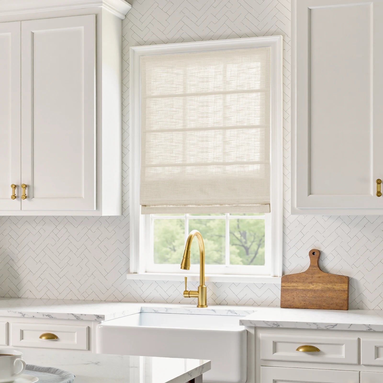 Liz Linen Blend Roman Shade Cordless - Wooden Headrail -TWOPAGES