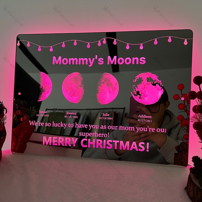 Custom Led Mirror Light Frame with text and date - mommy's moons