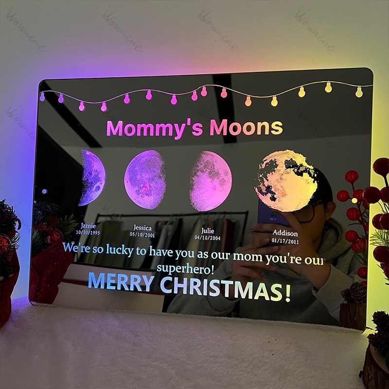Custom Led Mirror Light Frame with text and date - mommy's moons