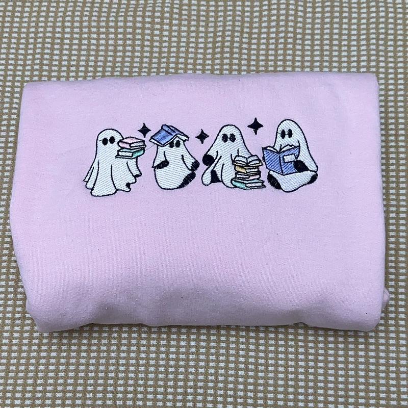 Cute ghosts pastel colors reading book embroidered sweatshirt