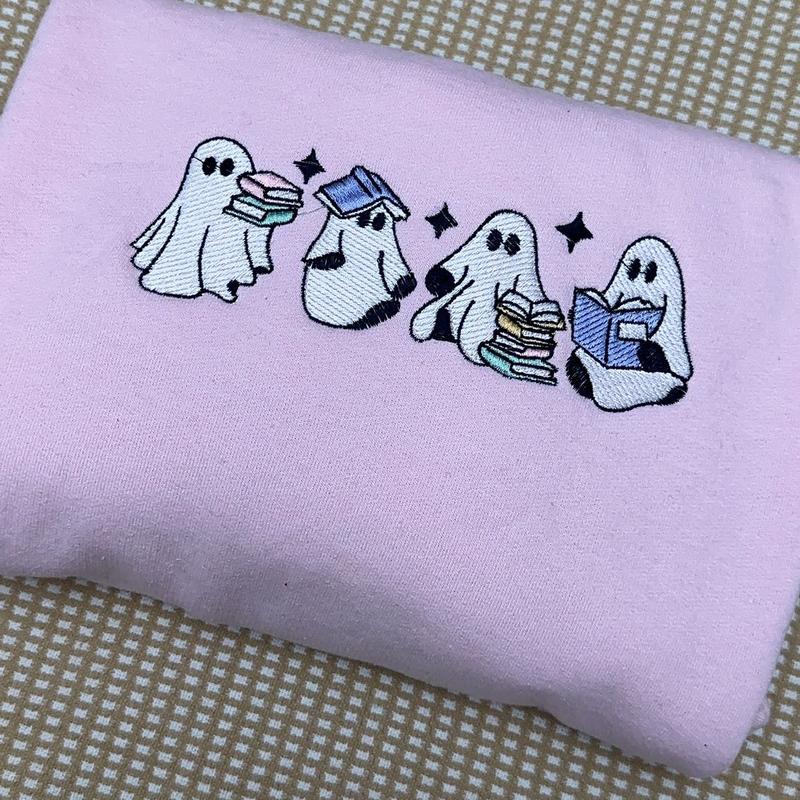 Cute ghosts pastel colors reading book embroidered sweatshirt