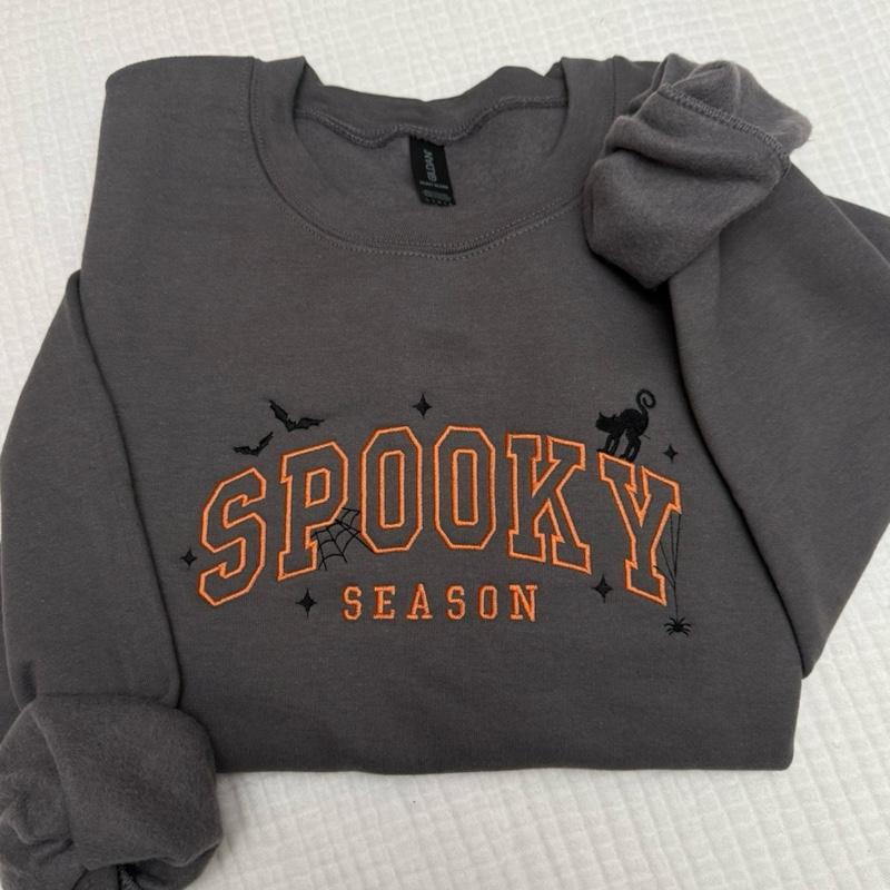 Spooky season Halloween cat bats spiderweb Embroidered Sweatshirt