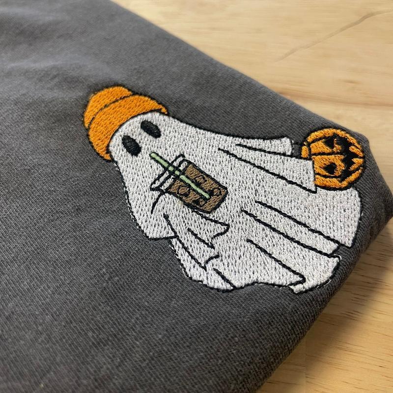 Embroidered Spooky Drink Pumpkin Halloween Crewneck Hoodie